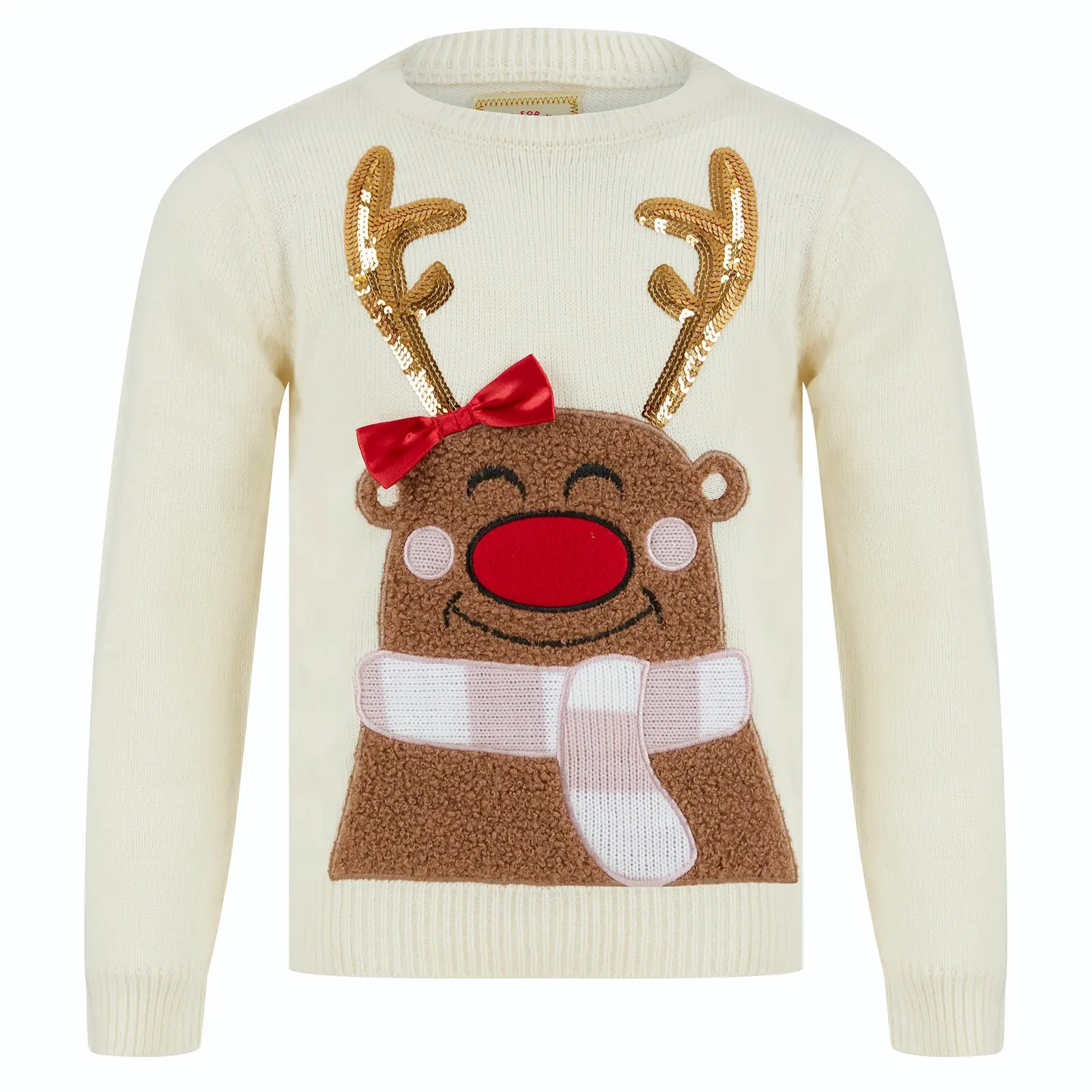 cream coloured christmas jumper featuring sweet reindeer character with gold sequin antlers, red christmas bow and large red nose
